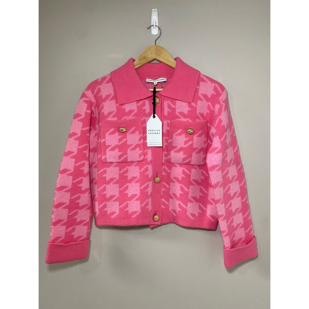 English Factory Houndstooth Cropped Cardigan Hot Pink Gold Button Small Pockets